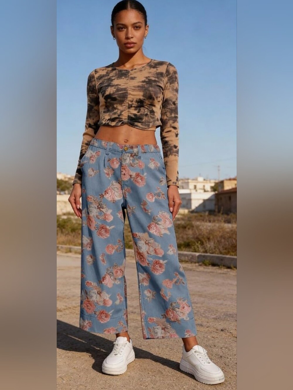Loveimgs Mid Rise Cropped Wide-Leg Baggy Floral Ankle Jeans Size Large NWT - Picture 4 of 12